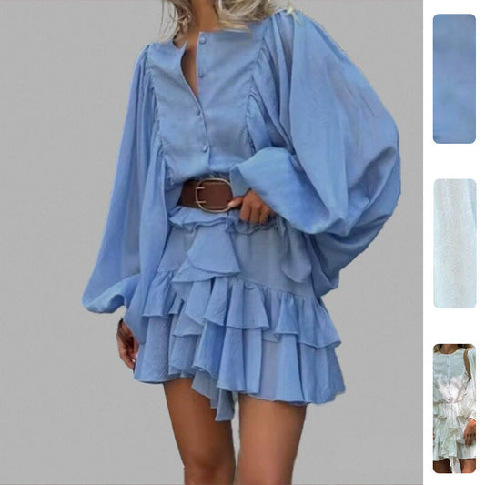 French High Waist Puff Sleeve Ruffled Mini Dress