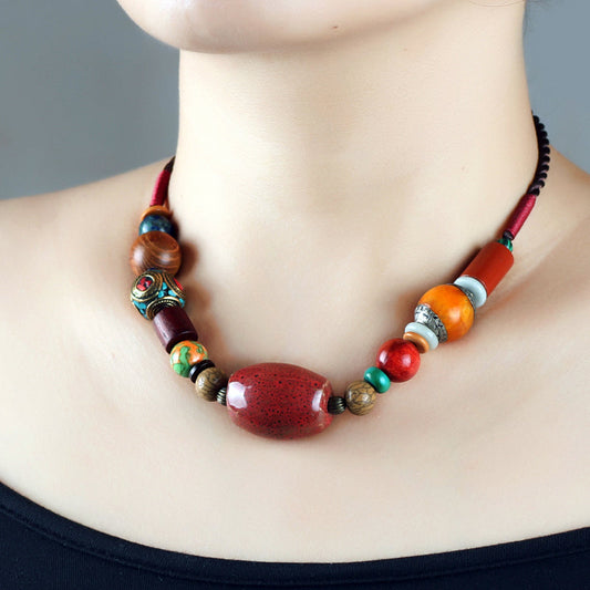 Ethnic Style Handmade Tibetan Jewelry Necklace Vintage Multi-Treasure Ceramic Beads Versatile Cropped Collarbone Chain Necklace Women