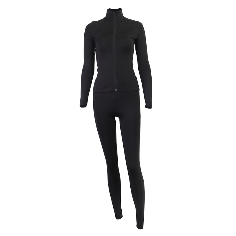 Solid Color Zip-Up Athletic Jacket With Long Pants Set