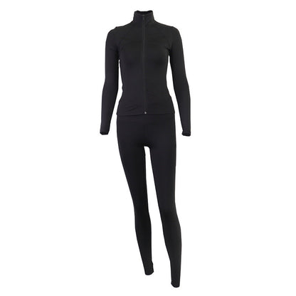 Solid Color Zip-Up Athletic Jacket With Long Pants Set