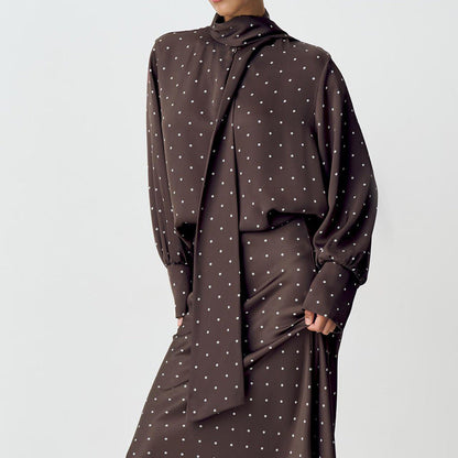 Polka Dot Satin Blouse with Tie Front Elegant Long Sleeve Shirt