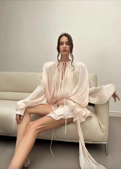 Pleated Mini Dress In Soft Beige Fabric