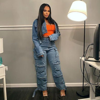 Trendy High Waist Cargo Jeans With Pockets
