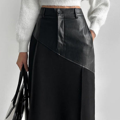 Elegant Pockets Black PU Leather Midi Skirt