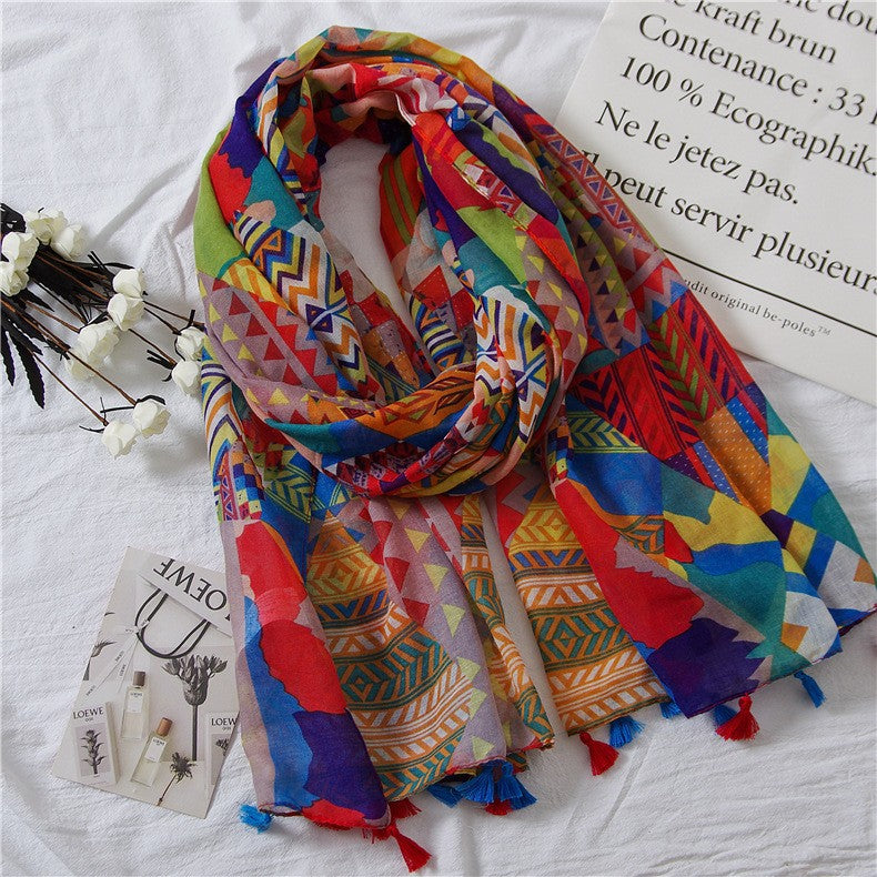 Japanese Literary And Artistic Fresh Cotton And Linen Scarf Retro Patchwork Bohemian Cashew Print Silk Scarf Beautiful Sunscreen Scarf