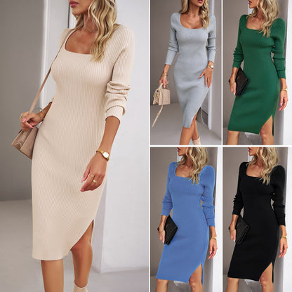 Elegant V-Neck Knit Dress Comfortable All-Season Long Dress