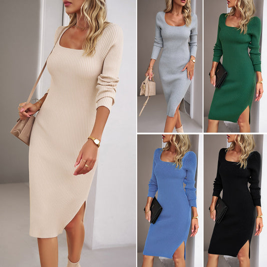 Elegant V-Neck Knit Dress Comfortable All-Season Long Dress
