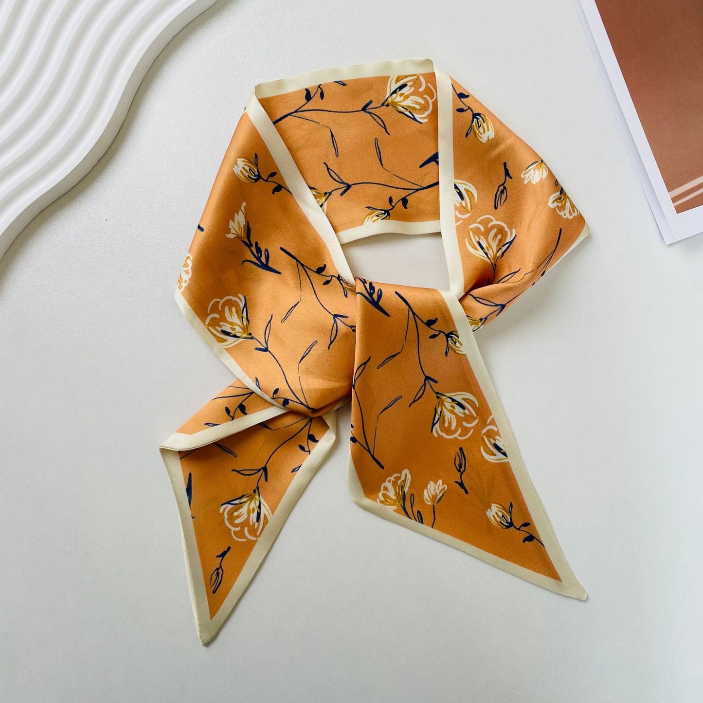 Print Narrow Long Satin Silk-Feel Scarf