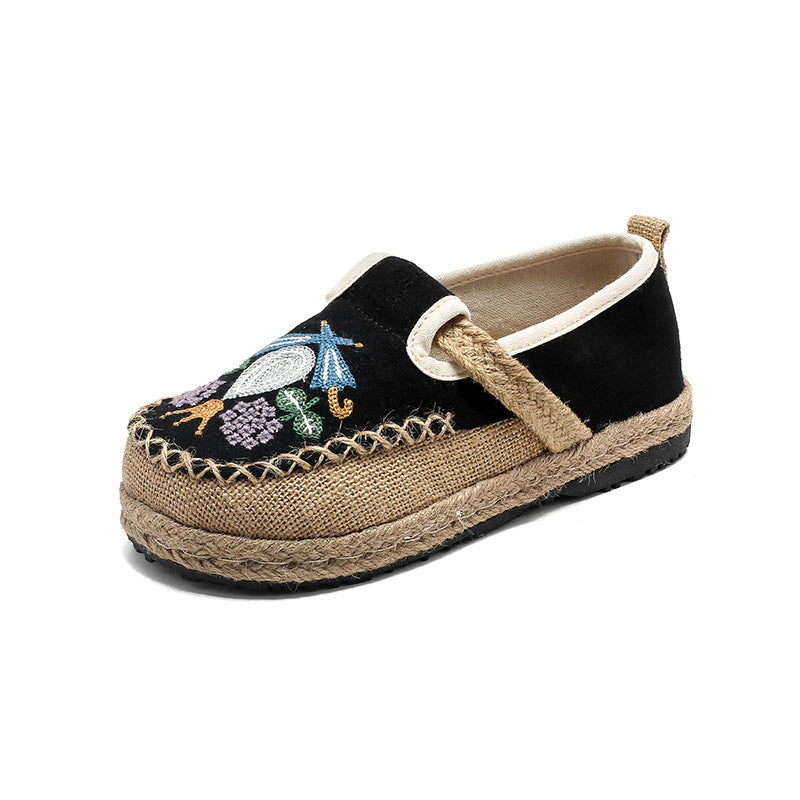Comfortable Round Toe Cotton Hemp Midsole Women'S Casual Shoes, Ethnic Style Lazy Person, One Footed Fisherman'S Shoes, Retro Embroidered Shoes