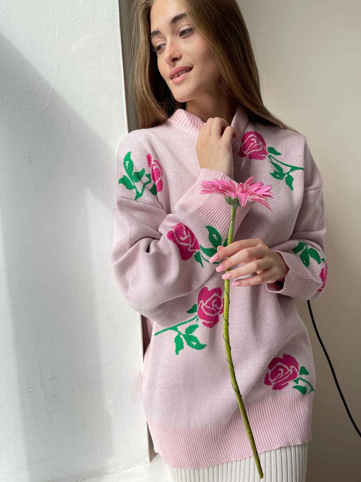 Colorful Rose Knit Sweater Casual Pullover