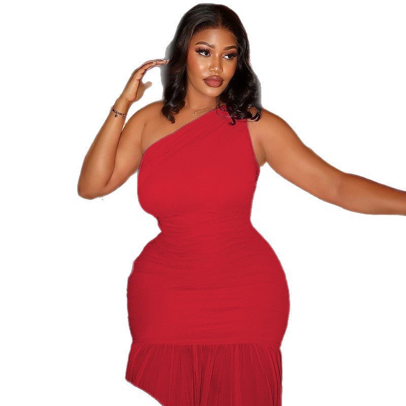 Asymmetrical Ruffled Waist Maxi Dress With One Shoulder Design