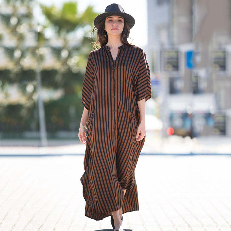 Four-Sided Elastic-Printed Beach Blouse Loose Pocket Single-Breasted Vacation Dress