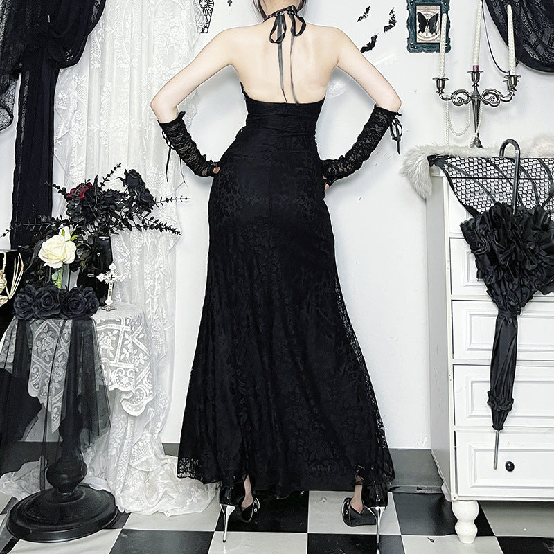 French Vintage Lace Maxi Dress Summer High Waist Bodycon