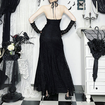 French Vintage Lace Maxi Dress Summer High Waist Bodycon