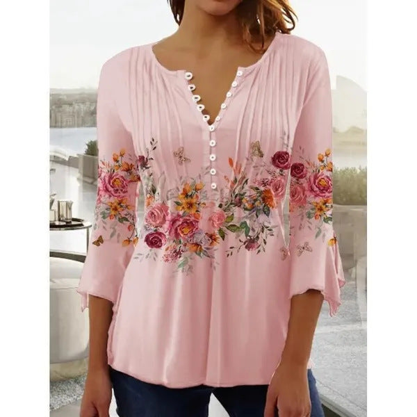 Spring And Summer Fashion New Women'S Clothing Floral Printing V-Neck Short-Sleeved Pleated Button-Up T-Shirt Bottoming Shirt