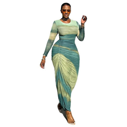 Trendy Floral Ruched Bodycon Dress With Long Sleeves