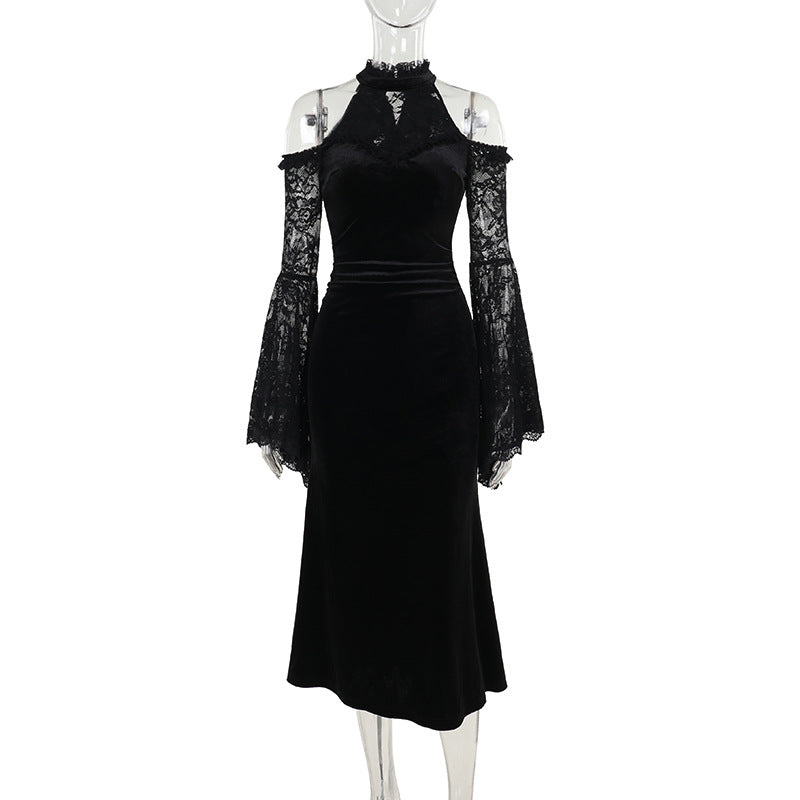 Black Off-Shoulder Long Sleeve Witch Dress for Women