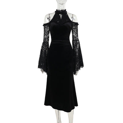 Black Off-Shoulder Long Sleeve Witch Dress for Women