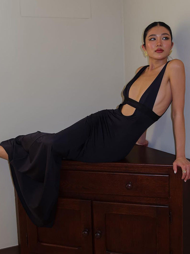Sexy Deep V Neck Hollow Out Bodycon Maxi Dress