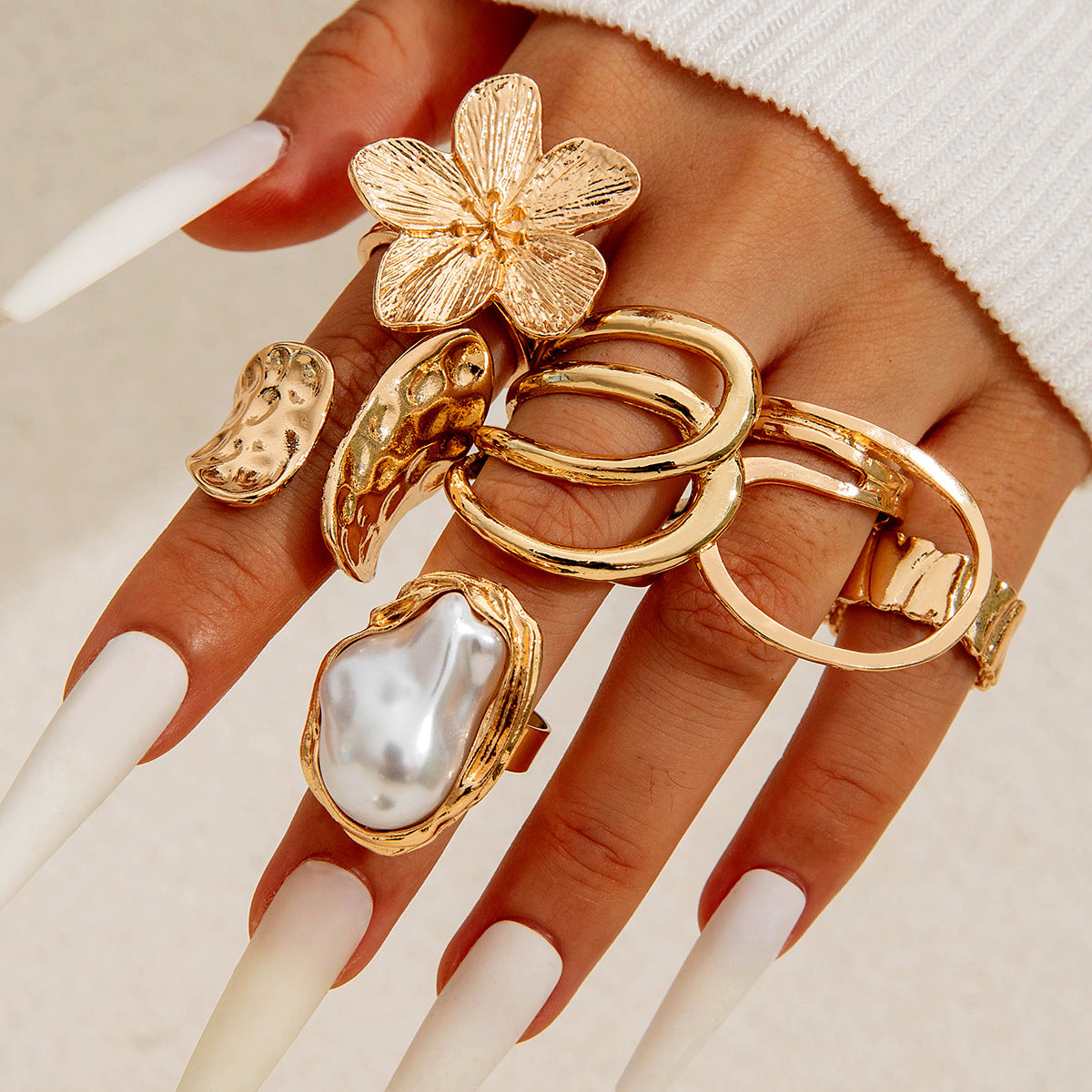 Irregular Pearl Ring Set Trendy Gold Retro Geometric Statement Rings