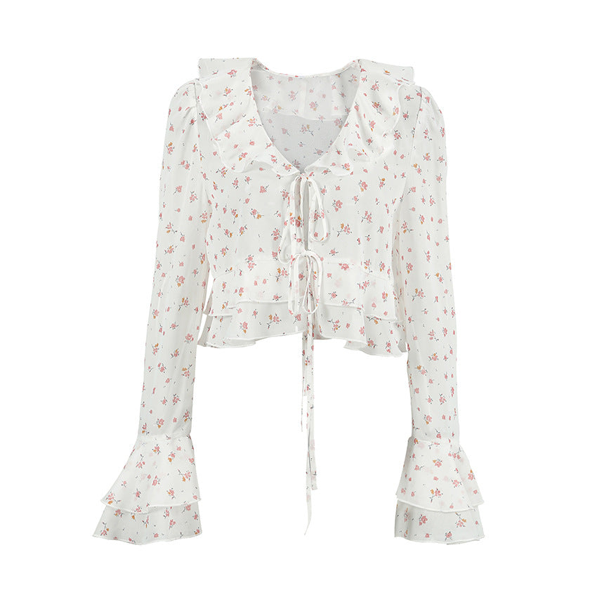 Flounce Print V-Neck Sexy String Tie Top