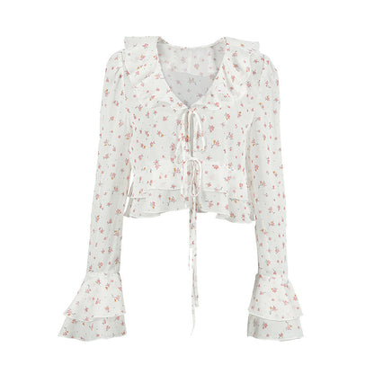 Flounce Print V-Neck Sexy String Tie Top