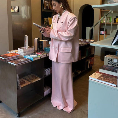 Chic Pink Satin Skirt Suit Set With Long Sleeve Blazer
