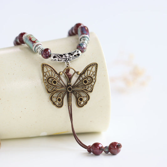 Ethnic Style Ceramic Long Sweater Chain Women'S Antique Hanging Vintage Chinese Style Butterfly Necklace