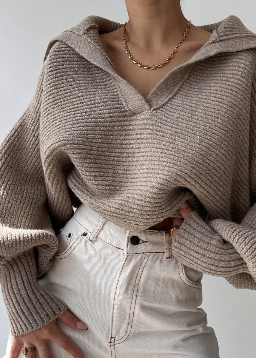 Oversized Ribbed Knit Sweater With Collar