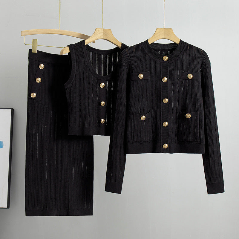 3 Pcs Knit Solid Color Office Suit Set