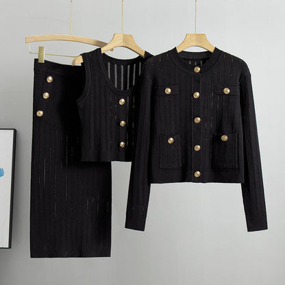3 Pcs Knit Solid Color Office Suit Set
