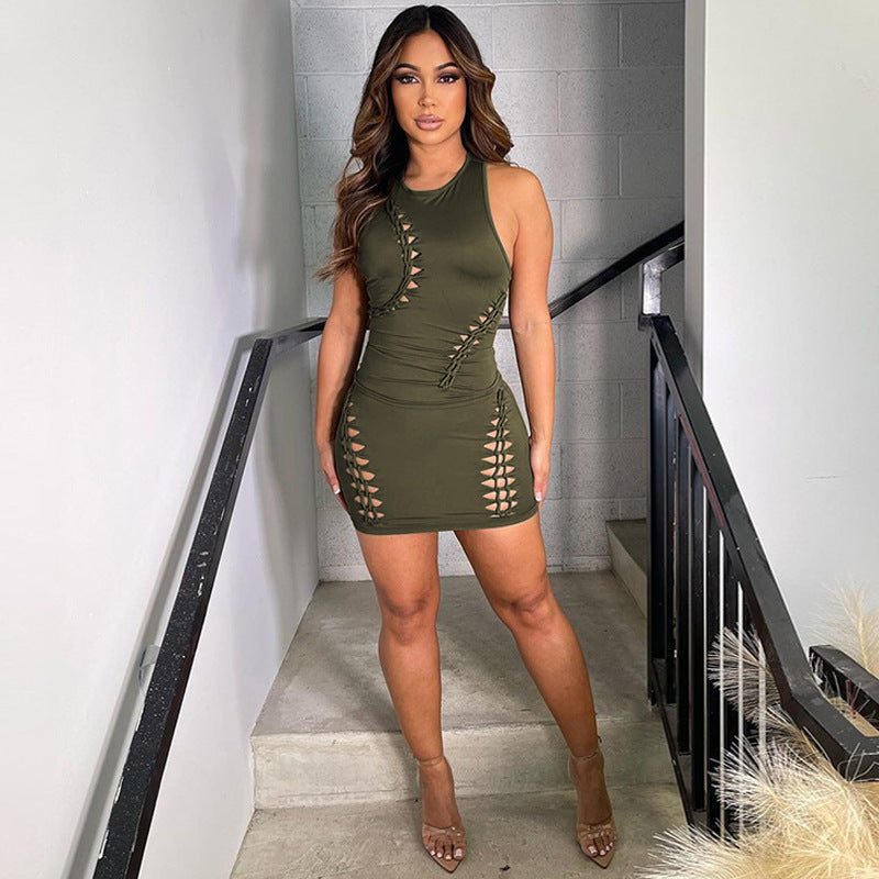 Stylish Sleeveless Hollow Out Top And Skirt Set