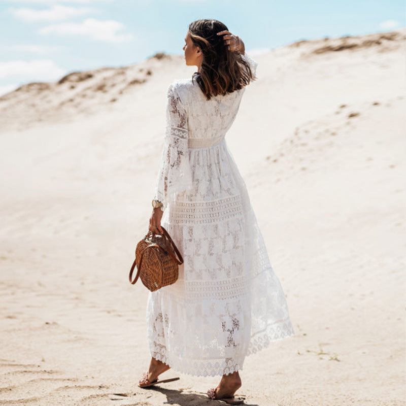 Lace-Paneled Lace, Fringed Flared Sleeves, Maxi Dress