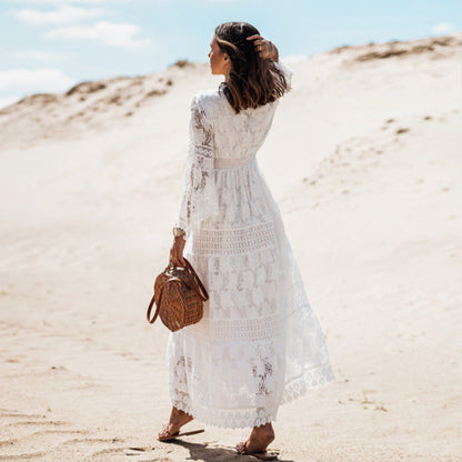 Lace-Paneled Lace, Fringed Flared Sleeves, Maxi Dress