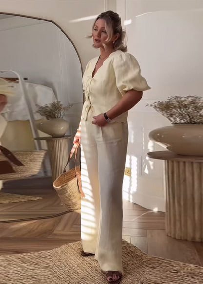 Scalloped Tie Front Blouse And Wide Leg Pants Set Polyester