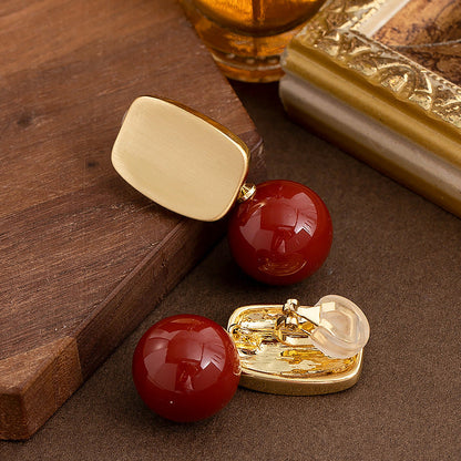 Elegant Round Red Pearl Ear Clips For Women