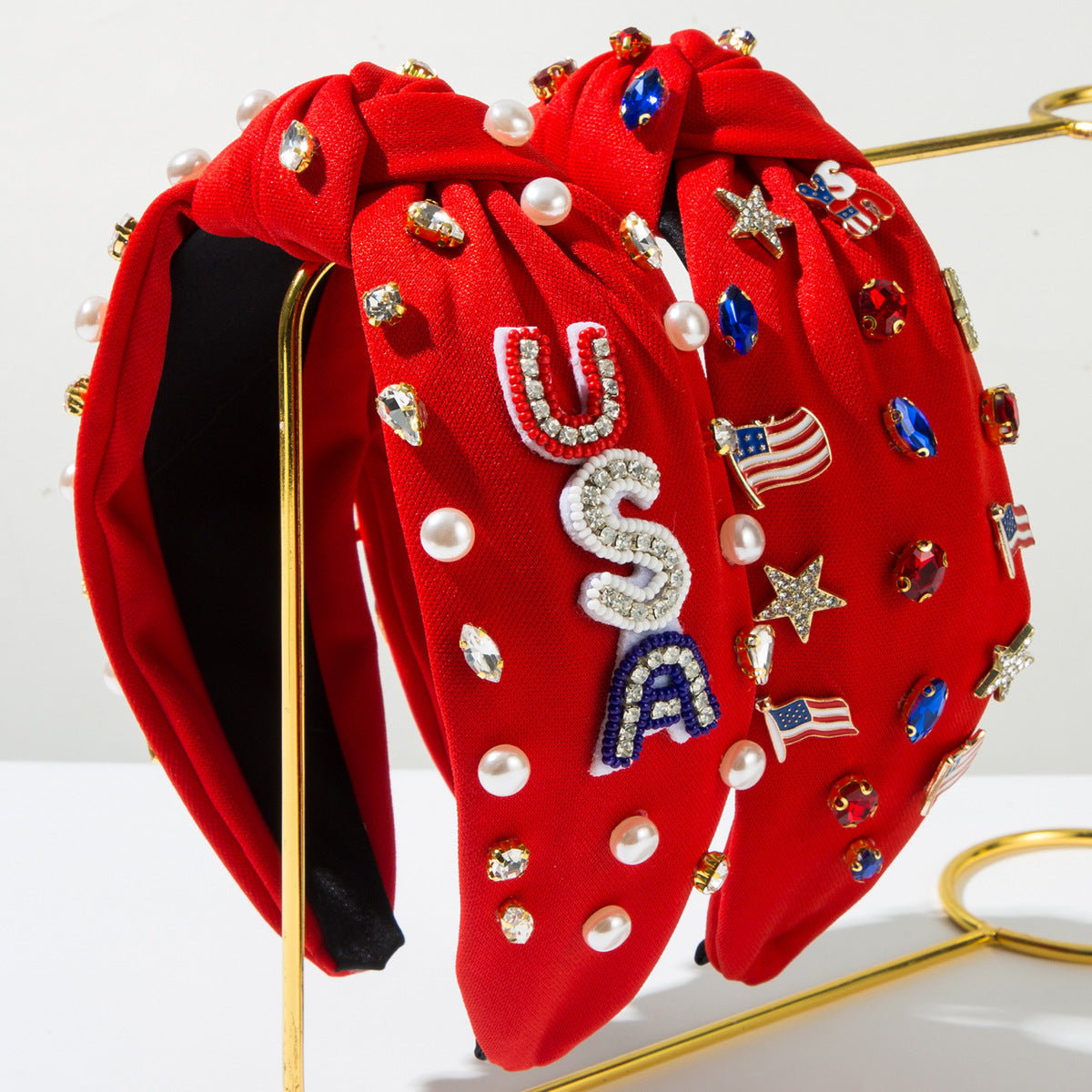 USA Flag Headband with Rhinestones and Pearls