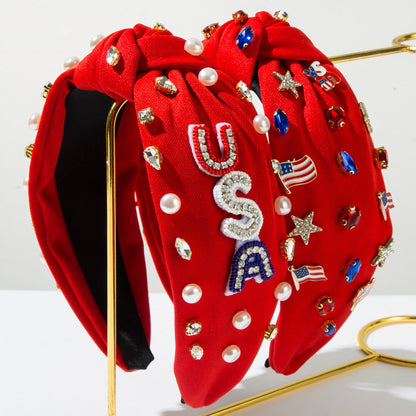 USA Flag Headband with Rhinestones and Pearls