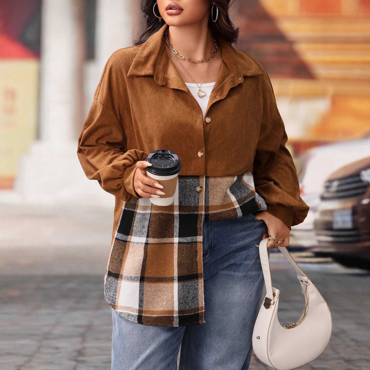 Plus Size Long Sleeve Plaid Jacket Comfortable Casual Outerwear