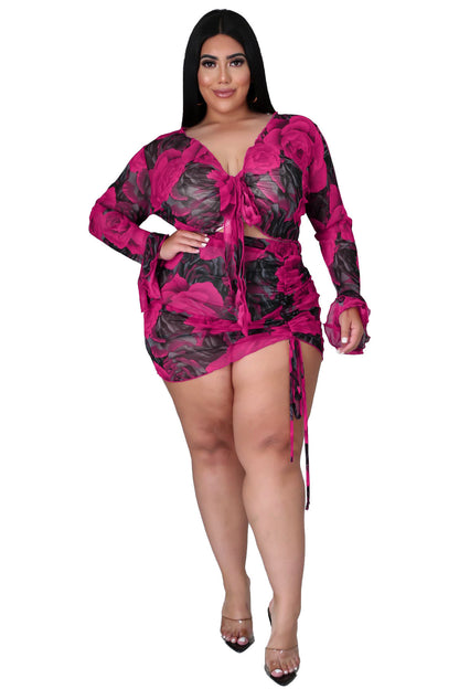 Floral Print Two-Piece Set With Drawstring Long Sleeve Polyester