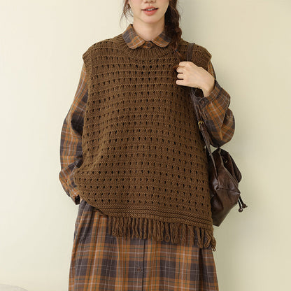 Retro Artsy Women's Knitted Vest with Hollow Out and Fringe Details