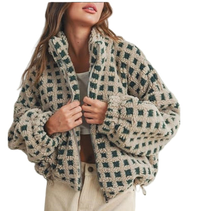 Color Block Plaid Stand Collar Shearling Jacket