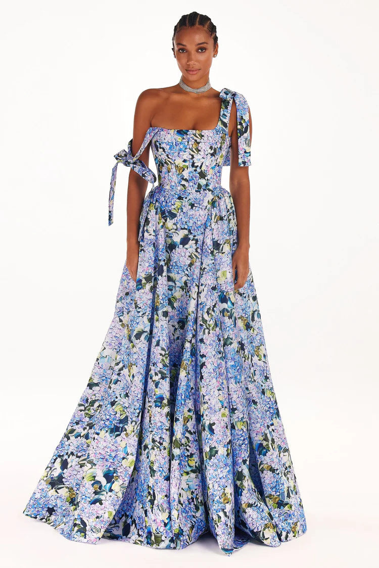 Off-Shoulder 3D Pattern Long Dress with Princess Sleeves