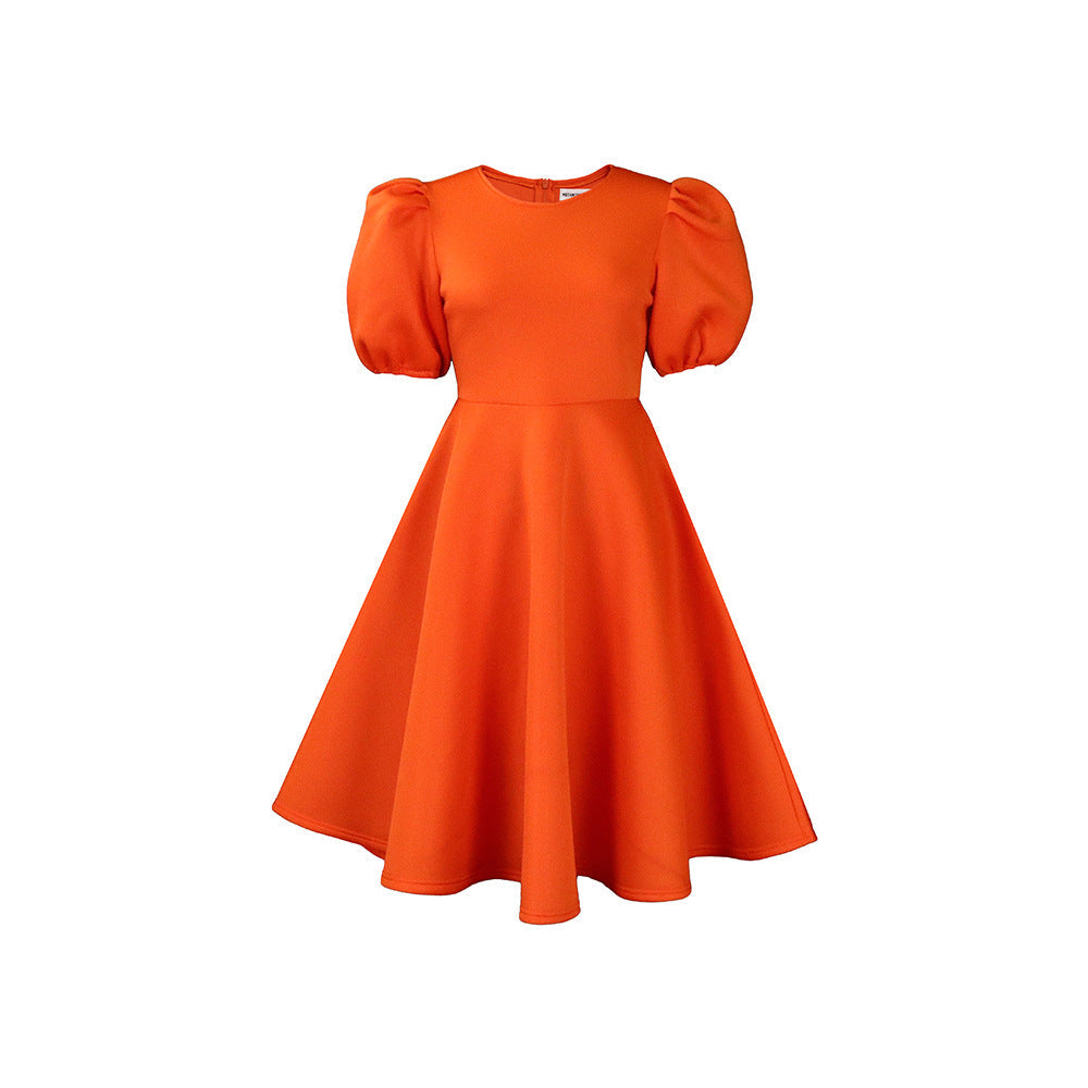 Elegant A-Line Dress With Puff Sleeves And Waist Tie
