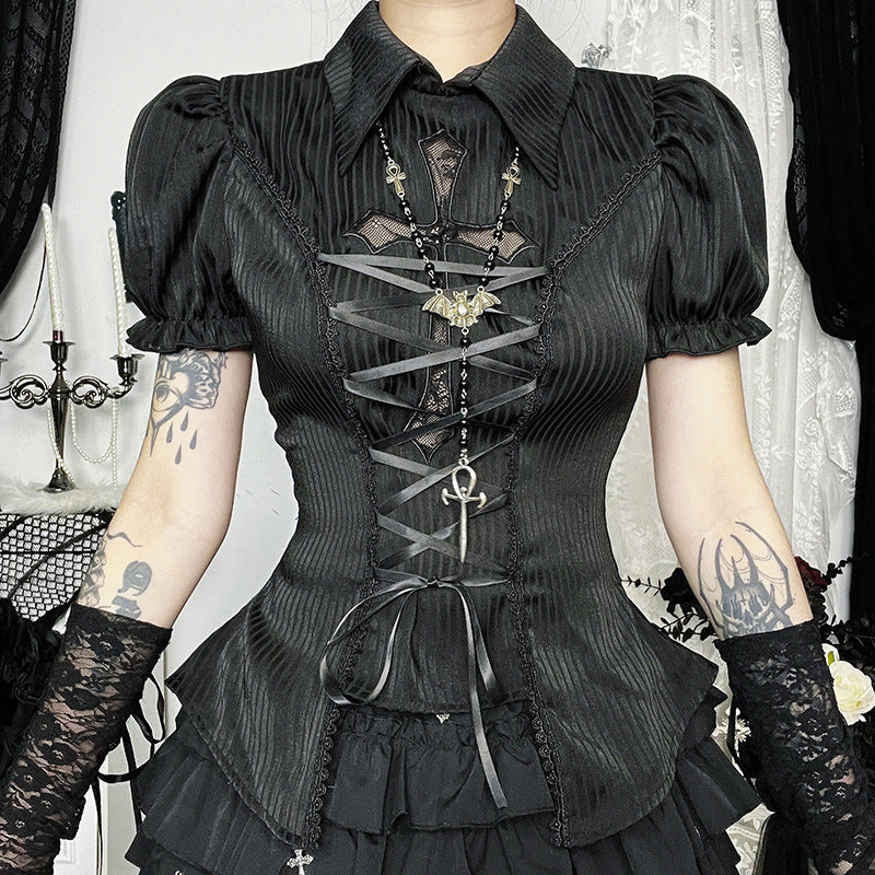 Gothic Lace Cross Lolita Shirt Elegant Short Sleeve