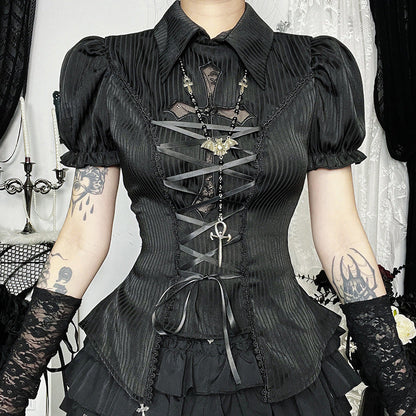 Gothic Lace Cross Lolita Shirt Elegant Short Sleeve
