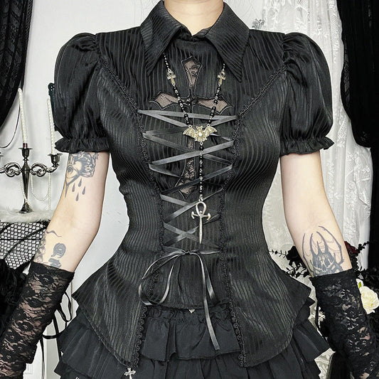 Gothic Lace Cross Lolita Shirt Elegant Short Sleeve