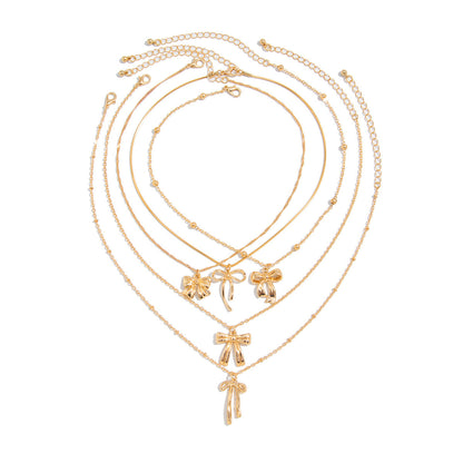 Trendy Ins Metal Ribbon Bow Necklace With Pearl Heart Pendant