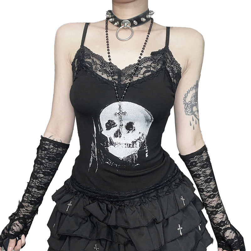 Skull Print Lace Trim Camisole Top for Casual Wear