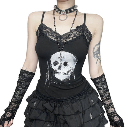 Skull Print Lace Trim Camisole Top for Casual Wear